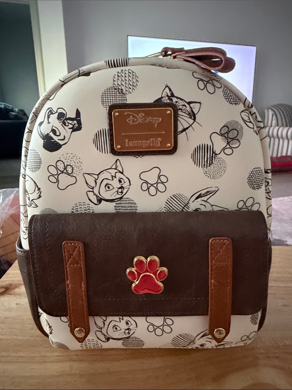 Loungefly Cream & Brown Cat Paw Mini Backpack with Red Paw Charm